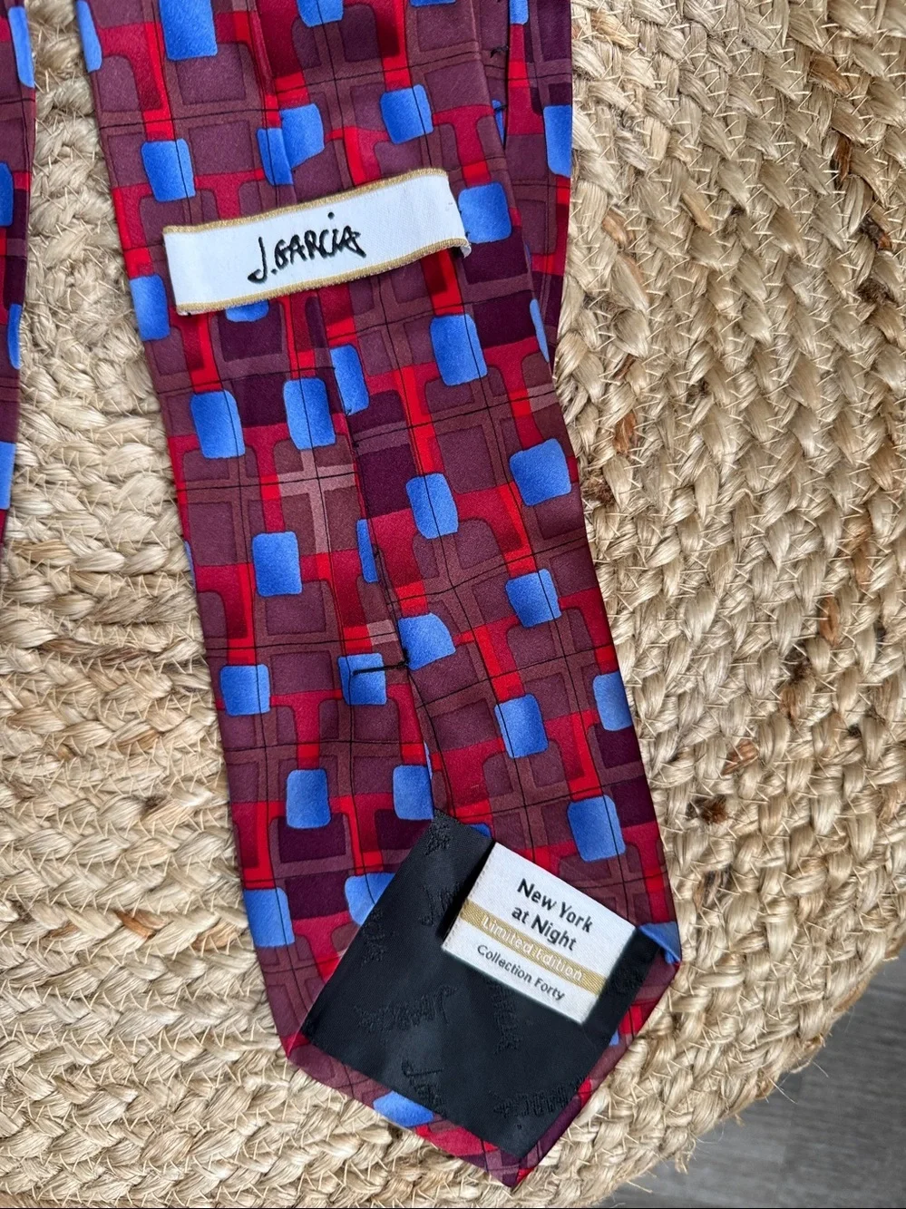 J. Garcia Red brown and Blue Geometric Silk Tie